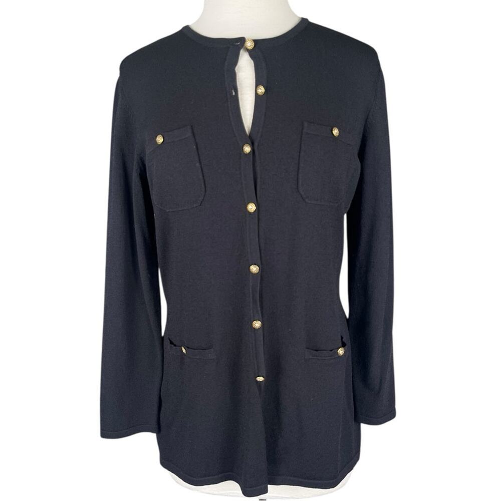 Vintage Talbots Lady Cardigan Sweater Jacket Womens Medium Petite Black Gold